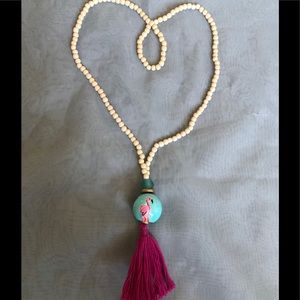 Vintage painted wooden flamingo tassel necklace